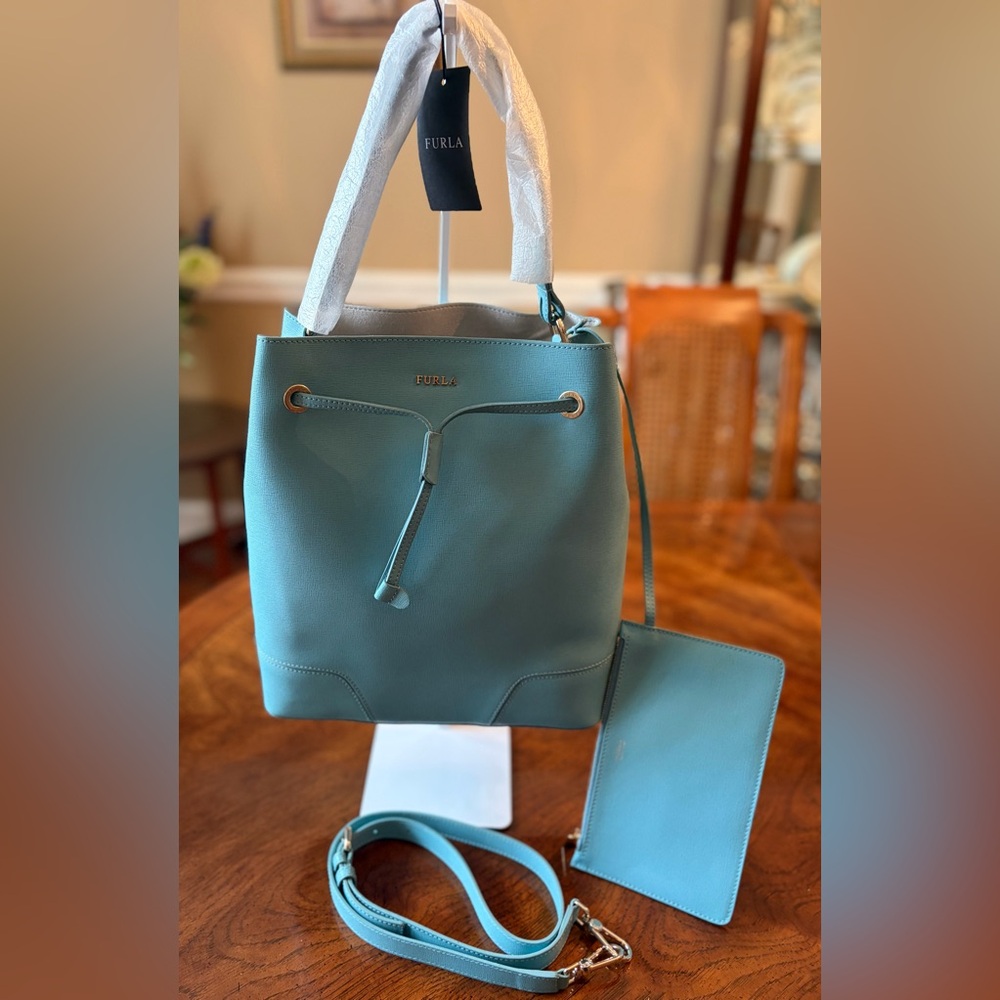 Furla Aquamarine Stacy Leather Drawstring Bucket Bag with Pouch - Picture 3 of 13